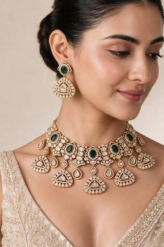 Gold plated emerald green kundan statement necklace set
