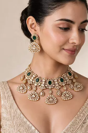 Gold plated emerald green kundan statement necklace set