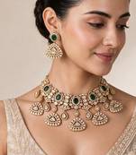 Gold plated emerald green kundan statement necklace set