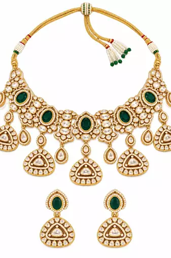 Gold plated emerald green kundan statement necklace set