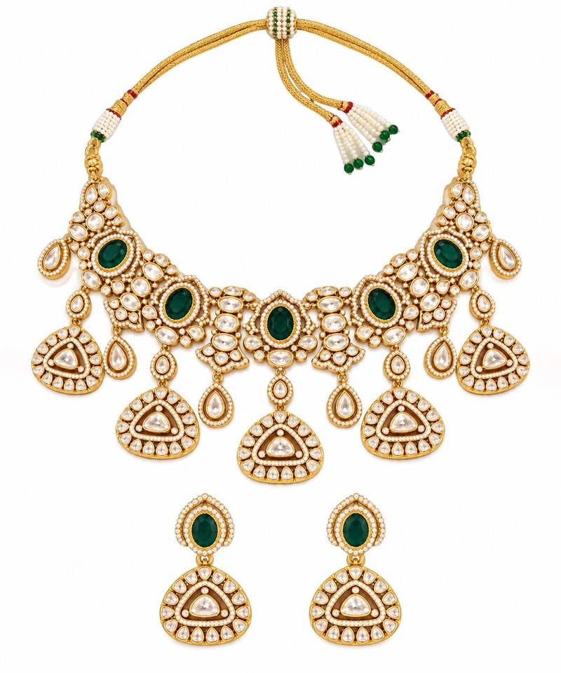 Gold plated emerald green kundan statement necklace set