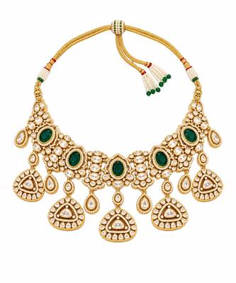 Gold plated emerald green kundan statement necklace set 3