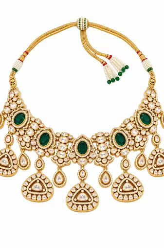 Gold plated emerald green kundan statement necklace set