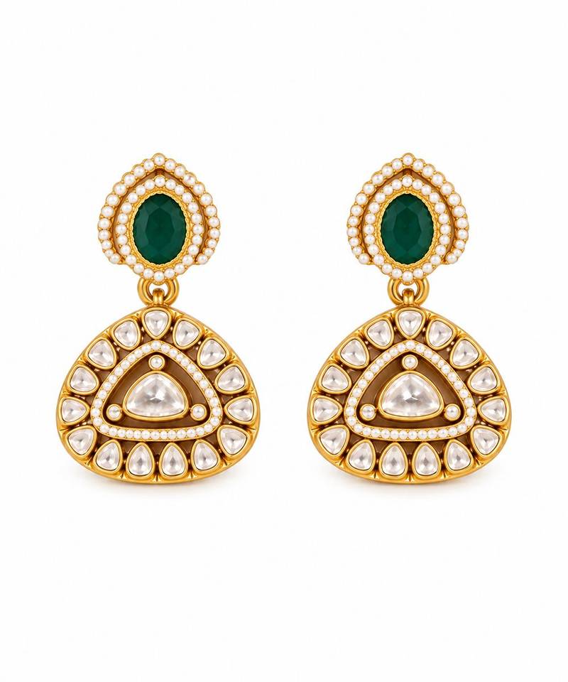 Gold plated emerald green kundan statement necklace set