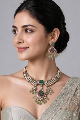 Gold plated emerald green polki statement necklace set