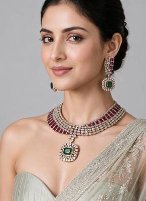 Ruby red and emerald green kundan statement necklace set 1