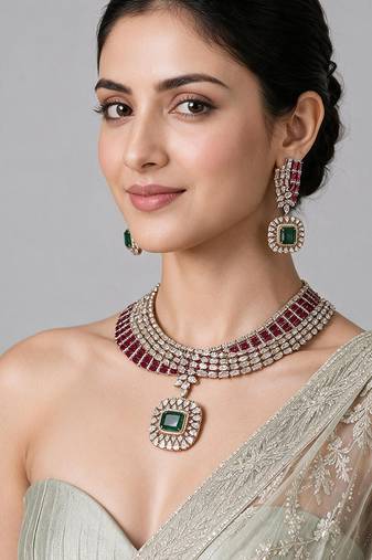 Ruby red and emerald green kundan statement necklace set