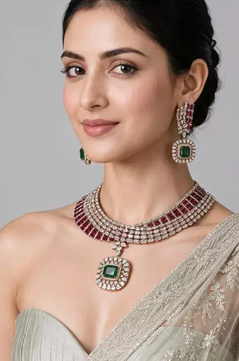 Ruby red and emerald green kundan statement necklace set