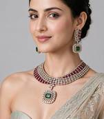 Ruby red and emerald green kundan statement necklace set