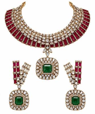 Ruby red and emerald green kundan statement necklace set 2