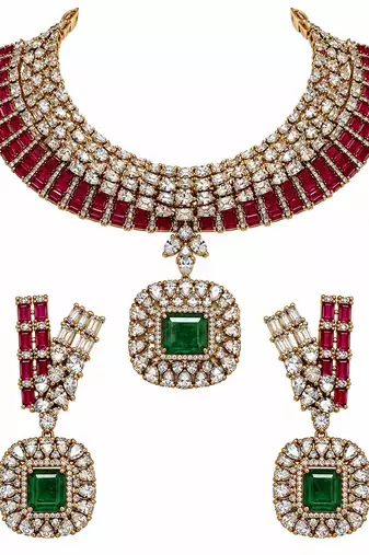 Ruby red and emerald green kundan statement necklace set