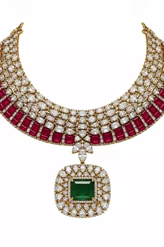 Ruby red and emerald green kundan statement necklace set
