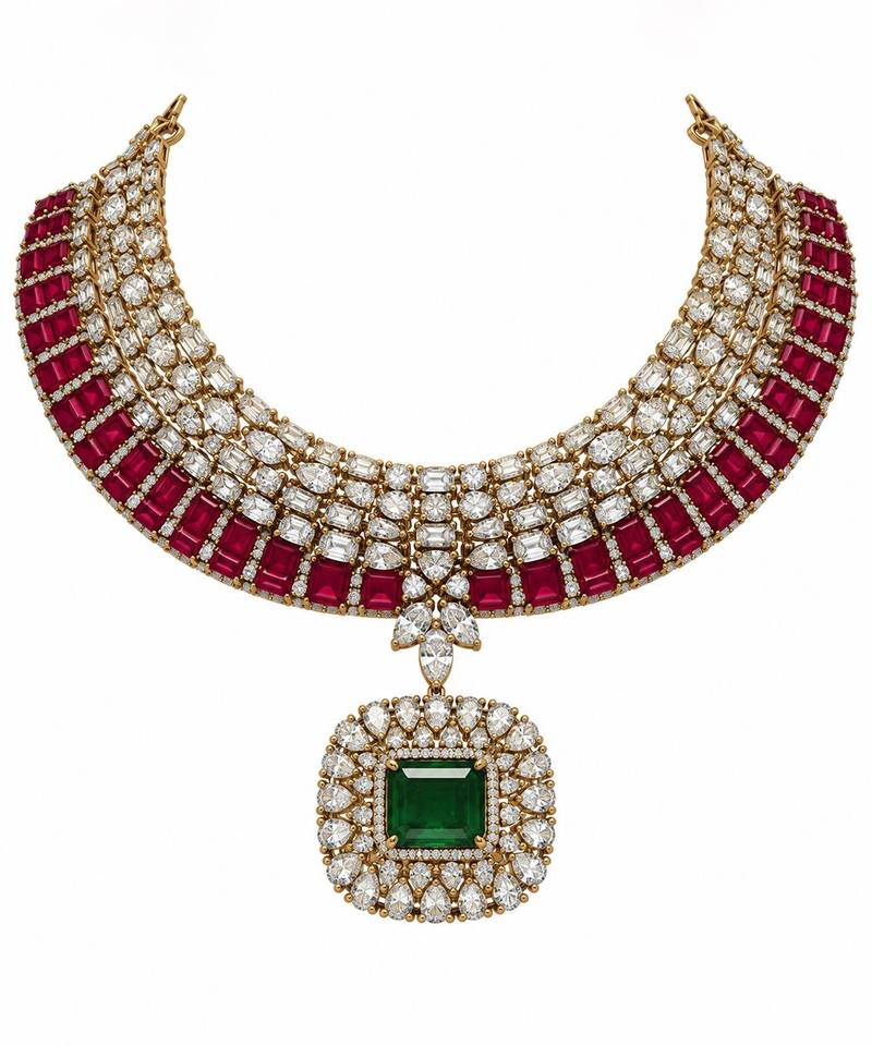 Ruby red and emerald green kundan statement necklace set