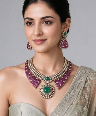 Ruby red and emerald  green polki necklace set 1