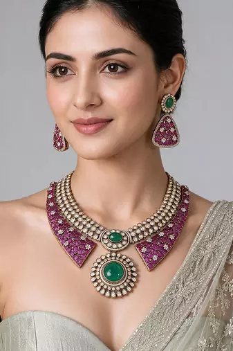 Ruby red and emerald  green polki necklace set