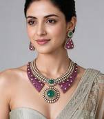 Ruby red and emerald  green polki necklace set