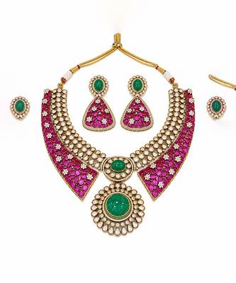 Ruby red and emerald  green polki necklace set 2