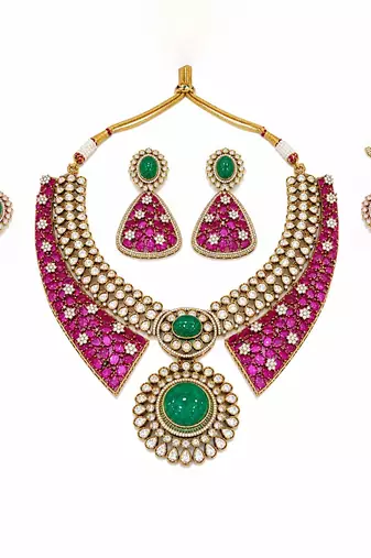 Ruby red and emerald  green polki necklace set