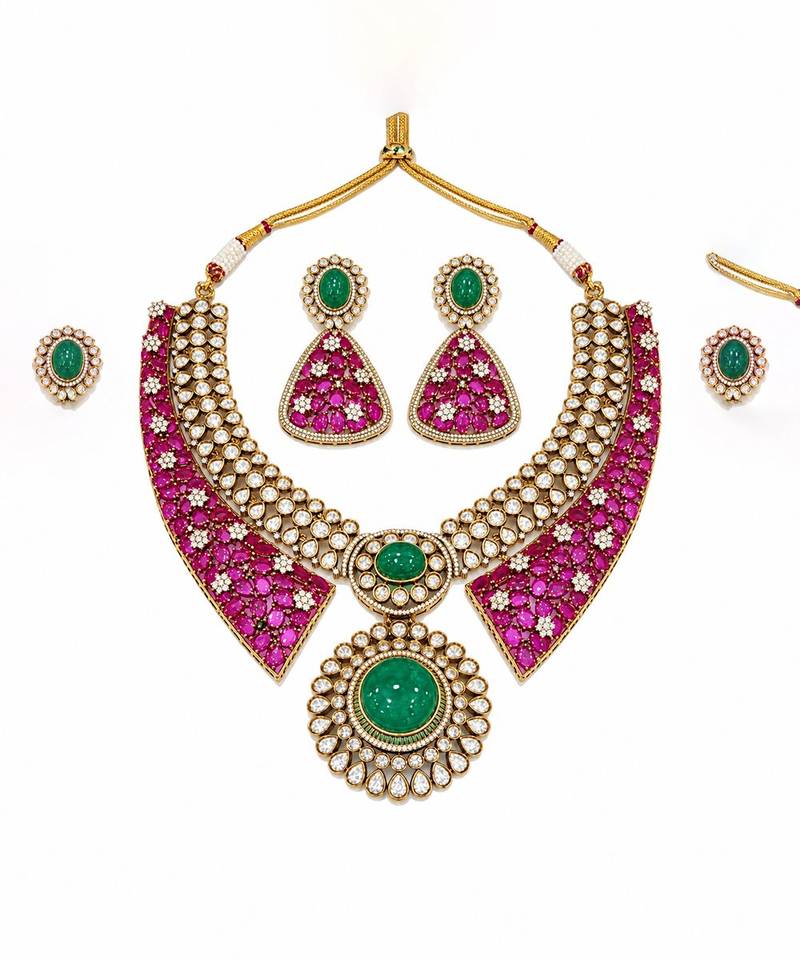 Ruby red and emerald  green polki necklace set