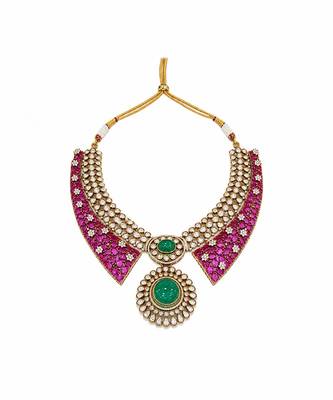 Ruby red and emerald  green polki necklace set 3
