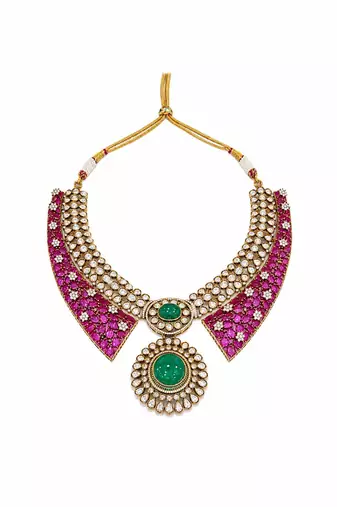 Ruby red and emerald  green polki necklace set