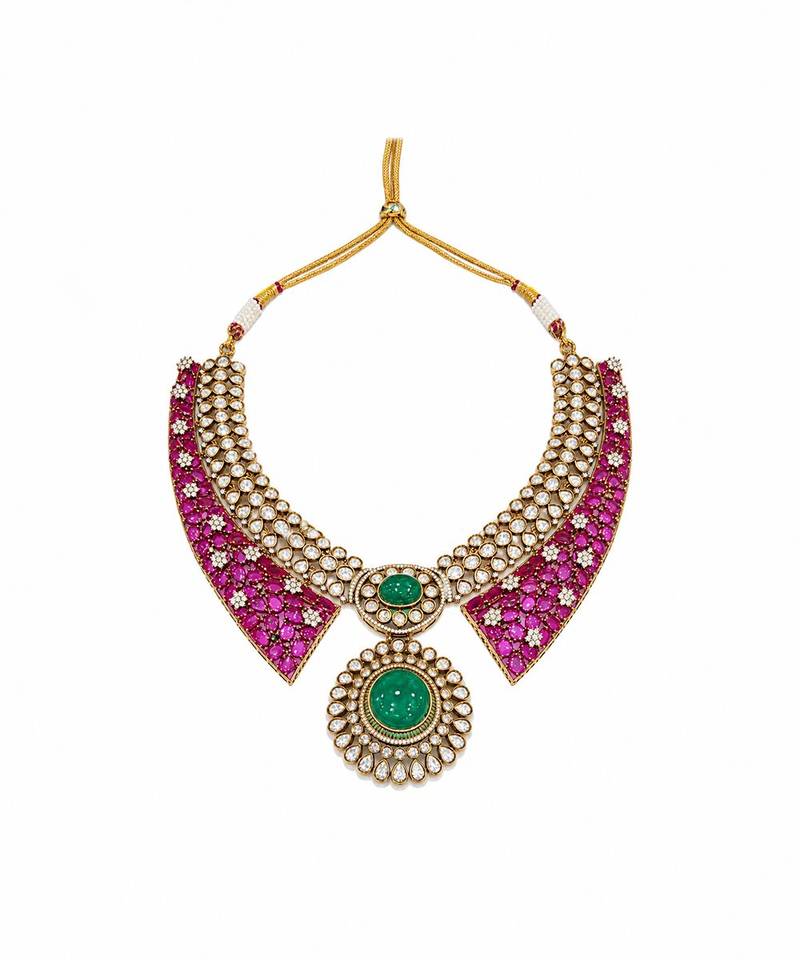 Ruby red and emerald  green polki necklace set