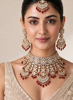 Gold plated ruby red kundan bridal necklace set with maang tikka 1