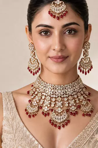 Gold plated ruby red kundan bridal necklace set with maang tikka