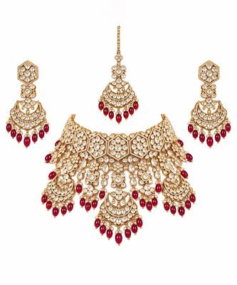 Gold plated ruby red kundan bridal necklace set with maang tikka 2