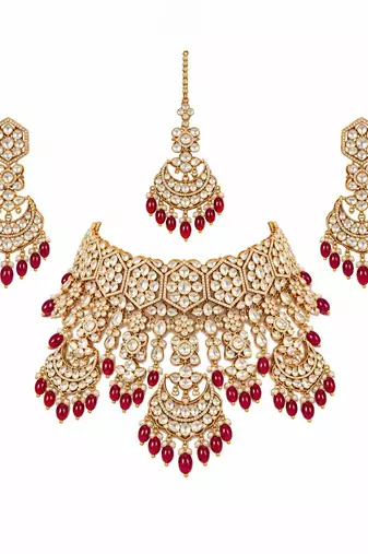 Gold plated ruby red kundan bridal necklace set with maang tikka