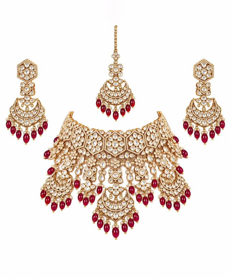 Gold plated ruby red kundan bridal necklace set with maang tikka