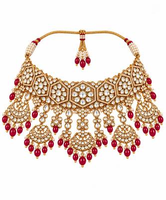 Gold plated ruby red kundan bridal necklace set with maang tikka 3