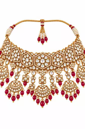 Gold plated ruby red kundan bridal necklace set with maang tikka