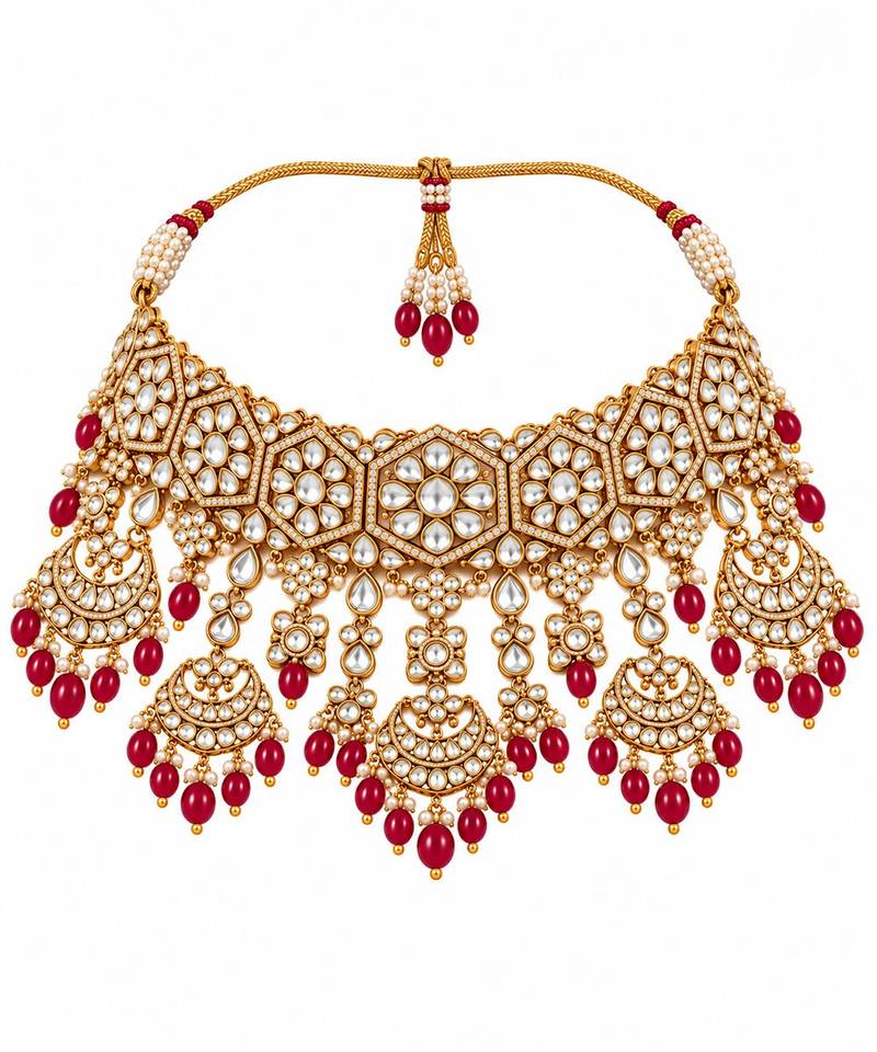 Gold plated ruby red kundan bridal necklace set with maang tikka