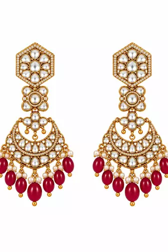 Gold plated ruby red kundan bridal necklace set with maang tikka