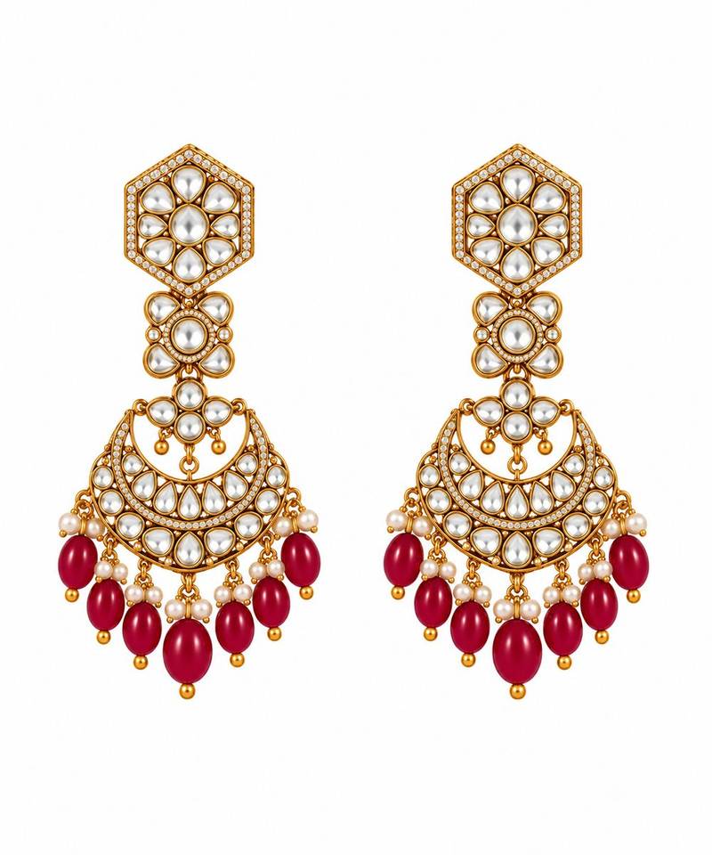 Gold plated ruby red kundan bridal necklace set with maang tikka
