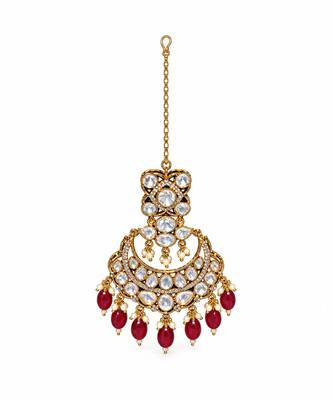 Gold plated ruby red kundan bridal necklace set with maang tikka 5