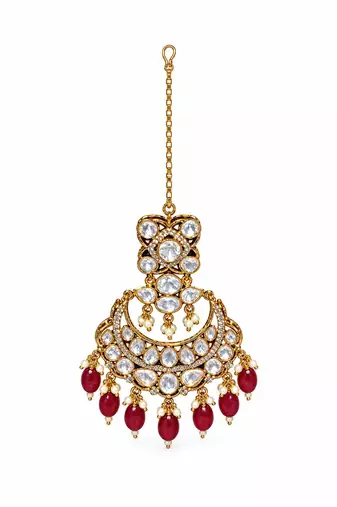 Gold plated ruby red kundan bridal necklace set with maang tikka