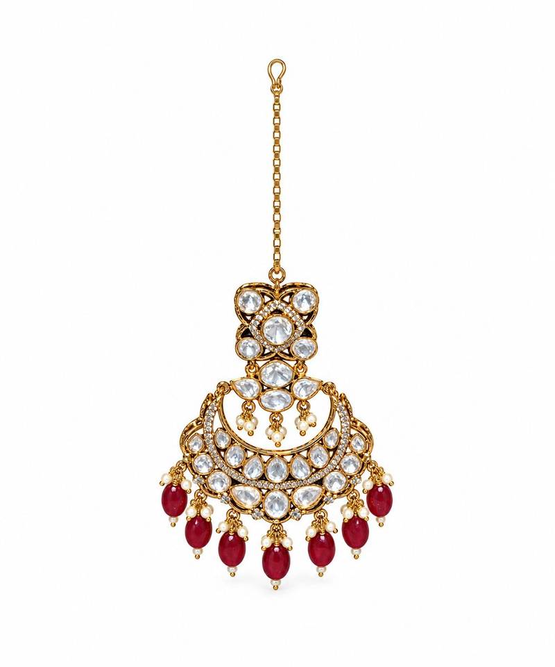 Gold plated ruby red kundan bridal necklace set with maang tikka
