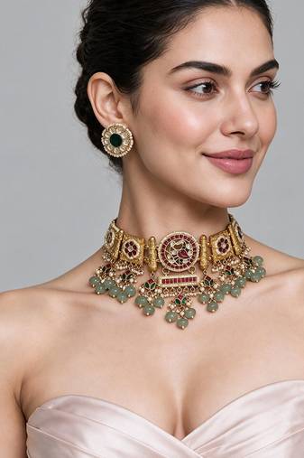 Gold plated multicolor polki statement necklace set