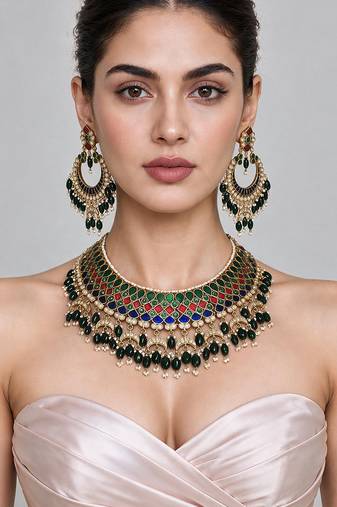 Gold plated multicolor kundan necklace set