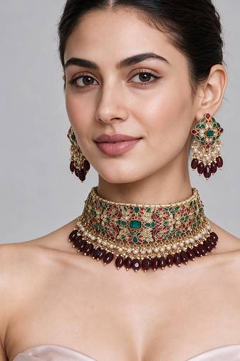 Gold plated multicolor kundan choker necklace set