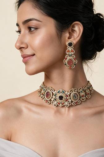 Gold plated multicolor semi precious stone choker necklace set with earrings