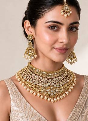 Gold plated pearl kundan necklace set with maang tikka 1