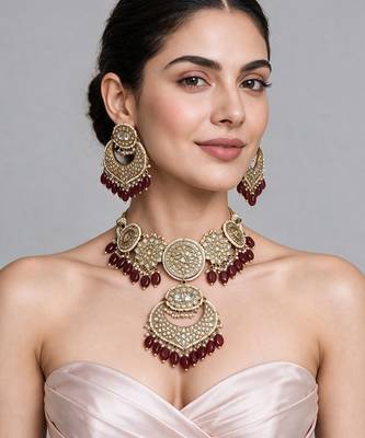Gold plated kundan choker necklace set with chandbali earrings 1