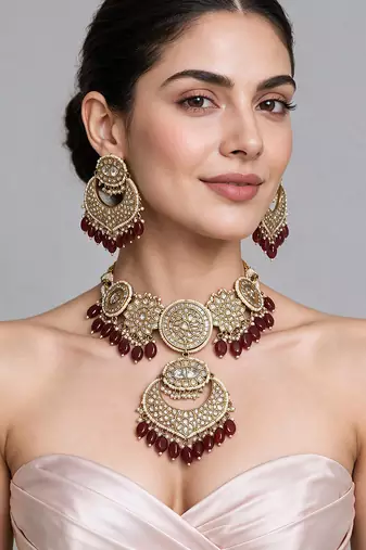 Gold plated kundan choker necklace set with chandbali earrings