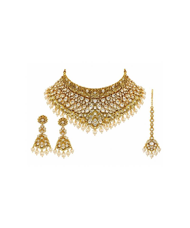 Gold plated pearl kundan necklace set with maang tikka