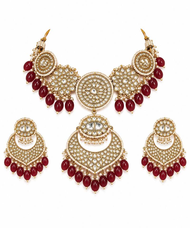 Gold plated kundan choker necklace set with chandbali earrings