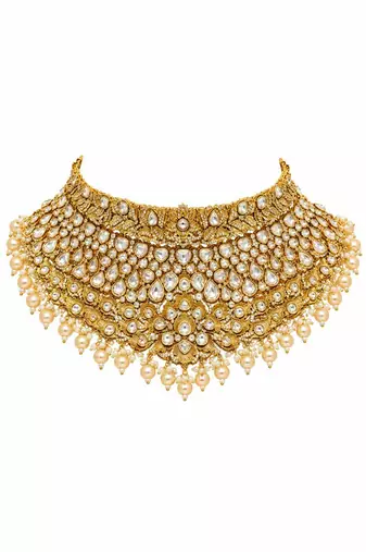 Gold plated pearl kundan necklace set with maang tikka