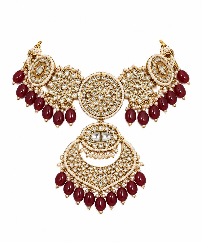 Gold plated kundan choker necklace set with chandbali earrings
